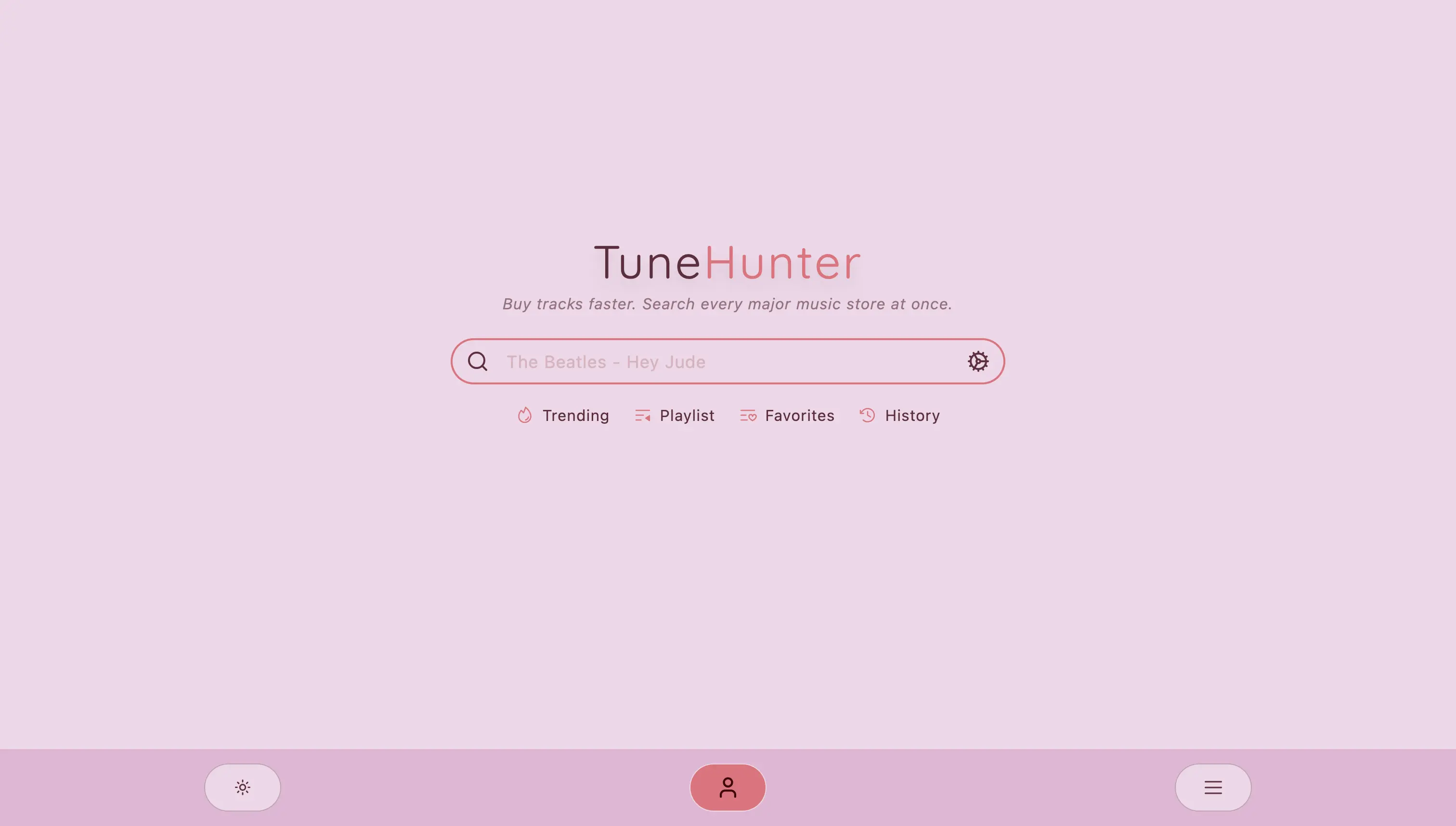 A web app with a purple theme displaying a searchbar with fields for Arist and Song and a table with suggestions.